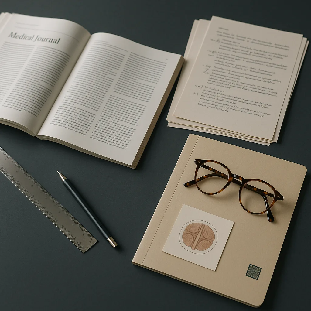 Editorial workspace with open medical journal and clinical research notes