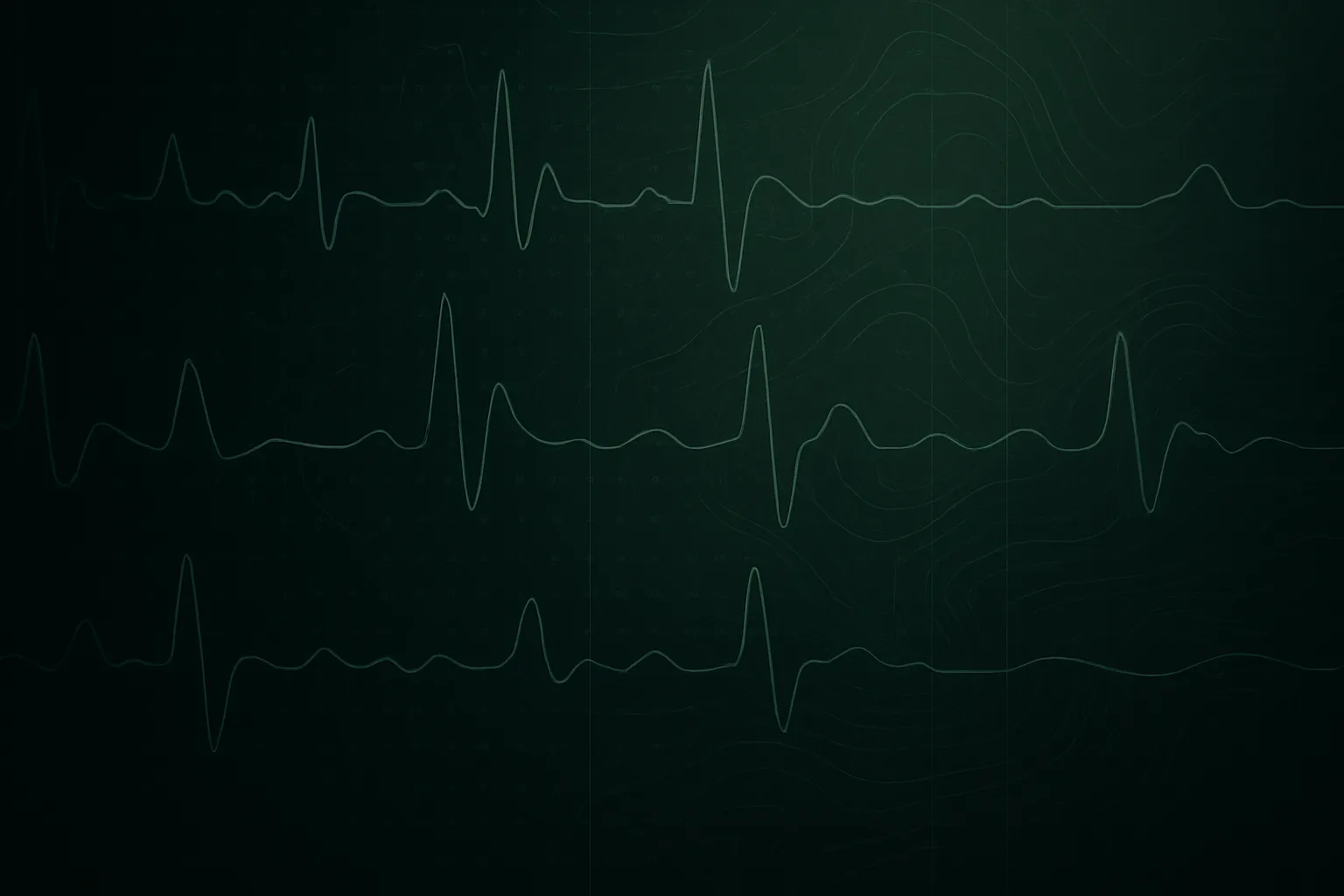 Abstract medical data visualization: overlapping fine-line ECG waveforms, translucent hex-grid mesh, faint scatter-plot 