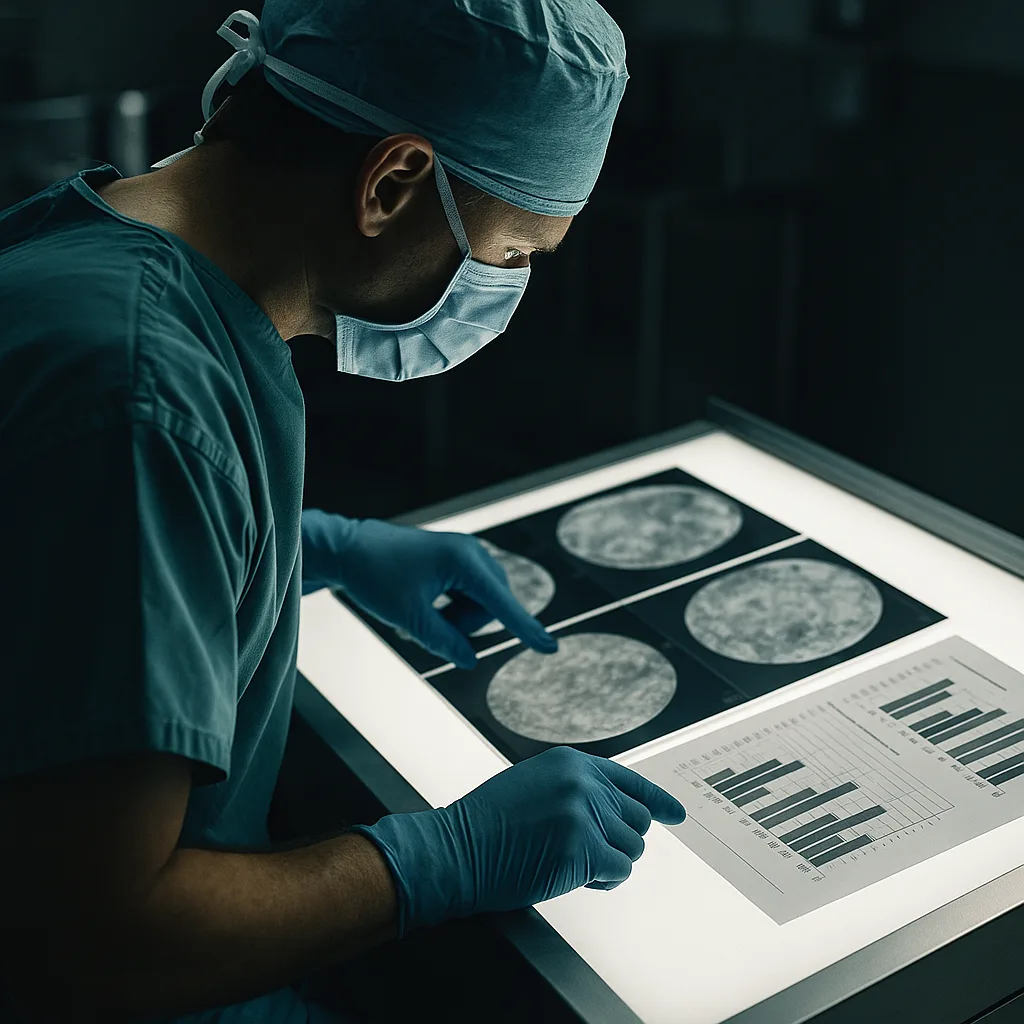 Surgeon examining clinical data on a lightbox