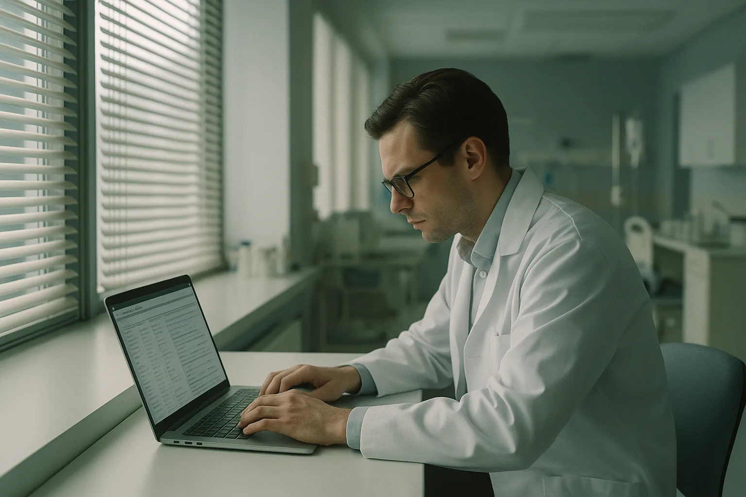 Editorial clinical photograph of a researcher in a white coat reviewing patient data on a laptop, hospital laboratory se