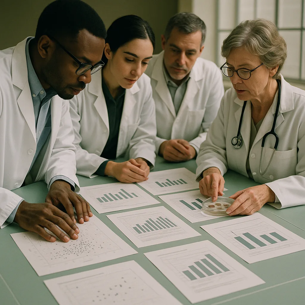 Medical researchers reviewing clinical data reports
